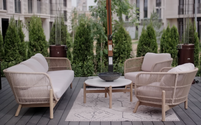 Диван деревянный плетеный трехместный Tagliamento Talara акация, роуп, олефин бежевый, лен Фото 4