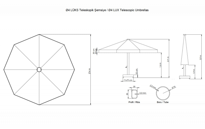 Зонт профессиональный Ø4 м Lux Telescopic