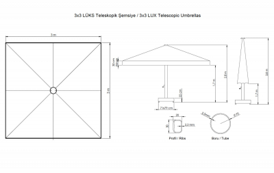 Зонт профессиональный 3х3 м THEUMBRELA SEMSIYE EVI Lux Telescopic алюминий, олефин Фото 2