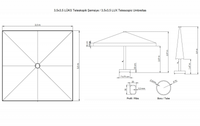 Зонт профессиональный 3.5х3.5 м THEUMBRELA SEMSIYE EVI Lux Telescopic алюминий, олефин Фото 2