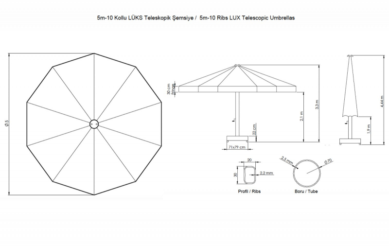 Зонт профессиональный Ø5 м Lux Telescopic