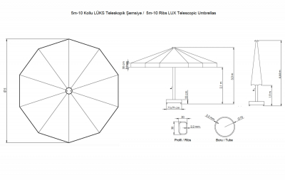 Зонт профессиональный Ø5 м THEUMBRELA SEMSIYE EVI Lux Telescopic алюминий, олефин Фото 2