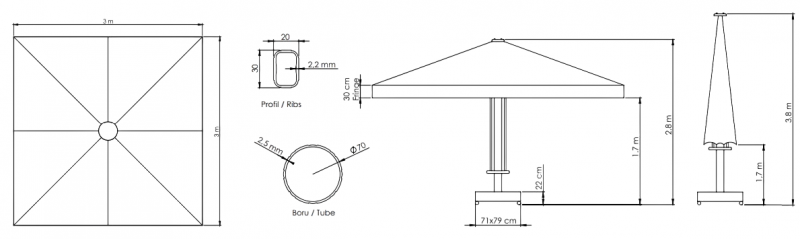 Зонт профессиональный 3х3 м Lux Telescopic Manuel