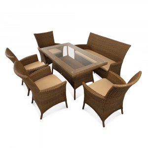 Стол плетеный обеденный ReeHouse Kipr алюминий, искусственный ротанг, стекло дуб Фото 5