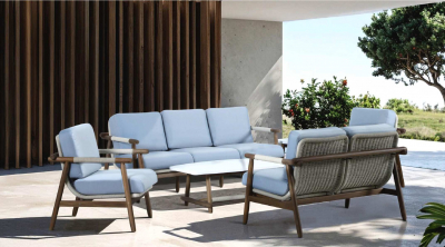 Комплект плетеной лаунж-мебели на 7 персон Tagliamento Apoyo акация, роуп, олефин, искусственный камень грецкий орех, голубой Фото 41