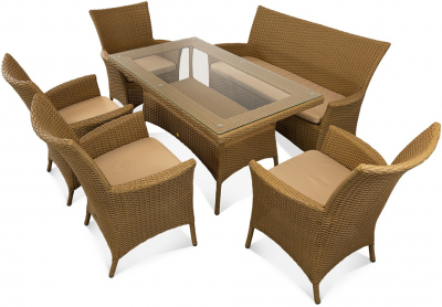 Комплект плетеной мебели ReeHouse Kipr алюминий, искусственный ротанг, оксфорд, стекло американский орех, бежевый Фото 1