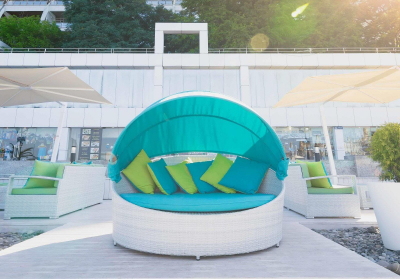 Лаунж-диван плетеный Tagliamento Shell-sunshade алюминий, искусственный ротанг, акрил белый, бирюза Фото 8