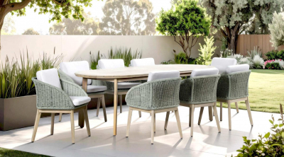 Комплект обеденной деревянной мебели на 8 персон Tagliamento Madrague акация, роуп, олефин светлый тик, бежевый Фото 23