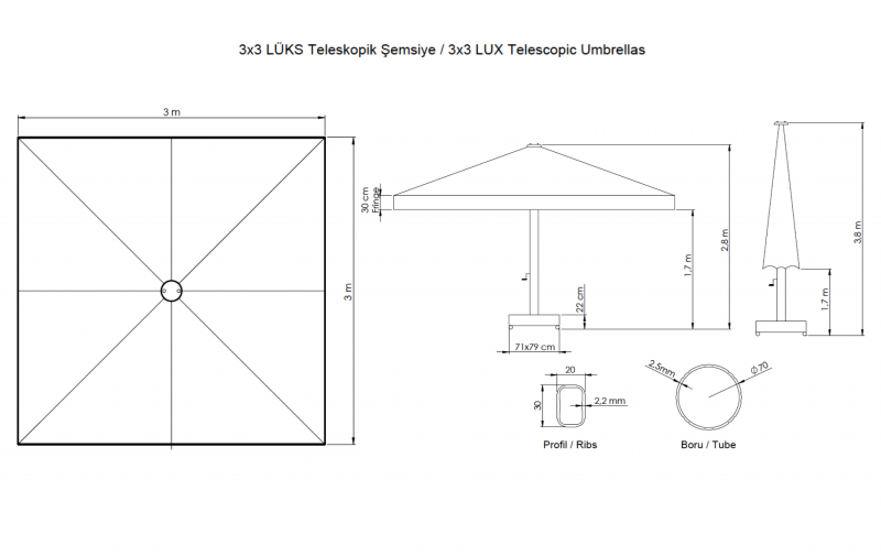 Зонт профессиональный 3х3 м Lux Telescopic