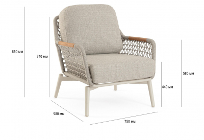 Кресло лаунж плетеное с подушками Garden Relax Eulero алюминий, тик, роуп, олефин пеликан Фото 2