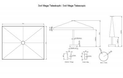 Зонт профессиональный 3х4 м THEUMBRELA SEMSIYE EVI Mega Telescopic алюминий, олефин Фото 2