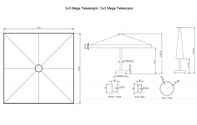 Зонт профессиональный 3х3 м THEUMBRELA SEMSIYE EVI Mega Telescopic алюминий, олефин Фото 2