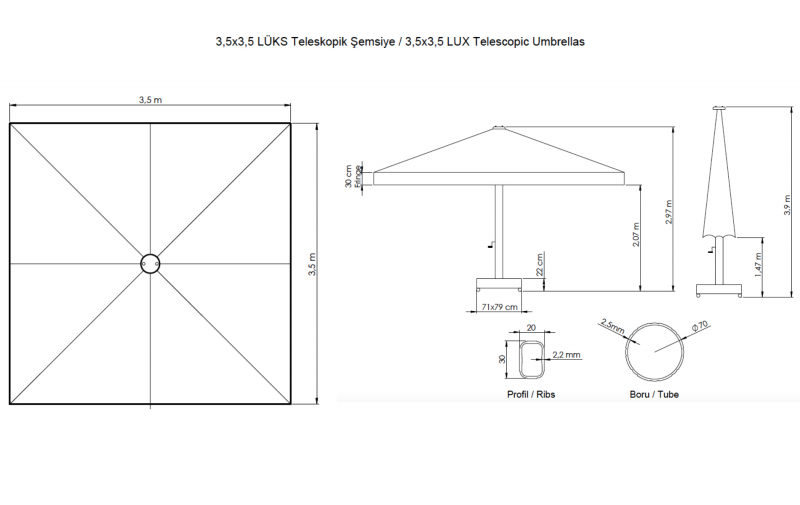 Зонт профессиональный 3.5х3.5 м Lux Telescopic