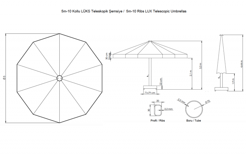 Зонт профессиональный Ø5 м Lux Telescopic
