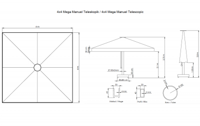 Зонт профессиональный 4х4 м THEUMBRELA SEMSIYE EVI Mega Telescopic Manual алюминий, олефин Фото 2