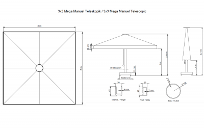 Зонт профессиональный 3х3 м THEUMBRELA SEMSIYE EVI Mega Telescopic Manual алюминий, олефин Фото 2