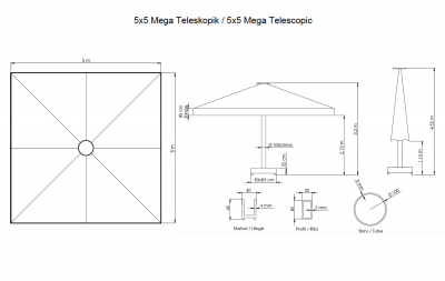 Зонт профессиональный 5х5 м THEUMBRELA SEMSIYE EVI Mega Telescopic алюминий, олефин Фото 2