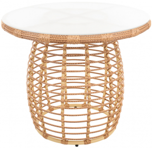 Стол плетеный обеденный ReeHouse Lotus алюминий, искусственный ротанг, стекло индийское дерево, белый сатин Фото 1