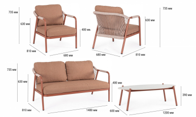 Комплект металлической лаунж мебели Garden Relax Miravet алюминий, роуп, ткань, натуральный камень медный Фото 2