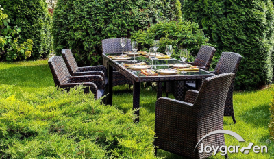 Стол плетеный со стеклом раздвижной JOYGARDEN Mykonos алюминий, искусственный ротанг, закаленное стекло темно-коричневый Фото 6