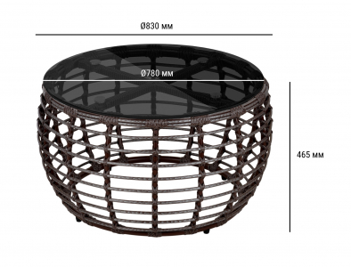 Столик плетеный кофейный ReeHouse Lotus алюминий, искусственный ротанг, стекло шоколад металлик, графит Фото 2