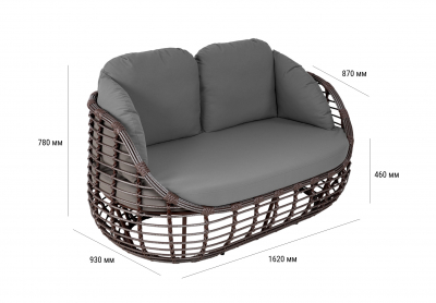 Диван двухместный плетеный с подушками ReeHouse Lotus алюминий, искусственный ротанг, олефин шоколад металлик, серый Фото 2