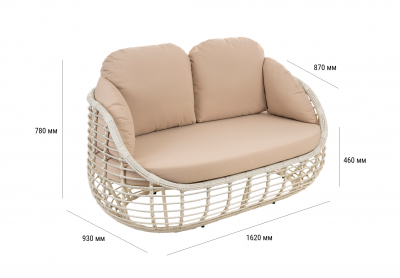 Диван двухместный плетеный с подушками ReeHouse Lotus алюминий, искусственный ротанг, олефин доминикана, бежевый Фото 2