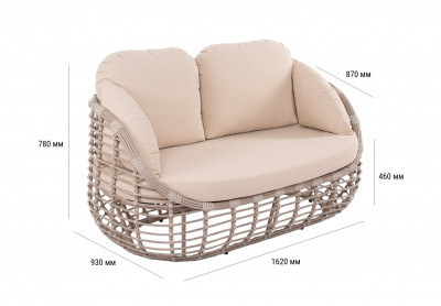 Диван двухместный плетеный с подушками ReeHouse Lotus алюминий, искусственный ротанг, олефин ирбис, бежевый Фото 2