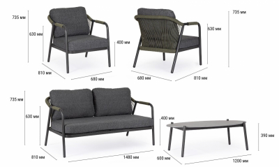 Комплект металлической лаунж мебели Garden Relax Miravet алюминий, роуп, ткань, натуральный камень антрацит, зеленый, светлый Фото 2