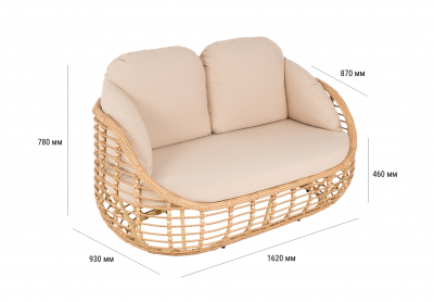 Диван двухместный плетеный с подушками ReeHouse Lotus алюминий, искусственный ротанг, олефин индийское дерево, бежевый Фото 2