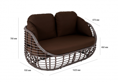 Диван двухместный плетеный с подушками ReeHouse Lotus алюминий, искусственный ротанг, олефин шоколад металлик, коричневый Фото 2