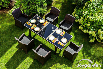 Стол плетеный со стеклом раздвижной JOYGARDEN Mykonos алюминий, искусственный ротанг, закаленное стекло темно-коричневый Фото 7