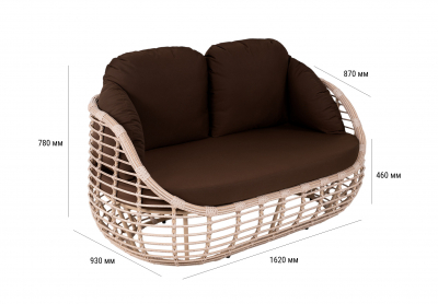 Диван двухместный плетеный с подушками ReeHouse Lotus алюминий, искусственный ротанг, олефин ирбис, коричневый Фото 2