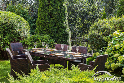 Стол плетеный со стеклом раздвижной JOYGARDEN Mykonos алюминий, искусственный ротанг, закаленное стекло темно-коричневый Фото 5