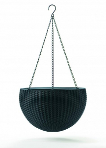 Кашпо пластиковое подвесное Keter Hanging Sphere Flowerpots пластик с имитацией плетения антрацит Фото 1