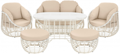 Комплект плетеной мебели ReeHouse Lotus алюминий, искусственный ротанг, олефин, стекло доминикана, бежевый, белый сатин Фото 1