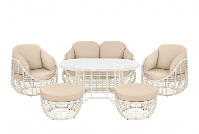 Пуф плетеный с подушкой ReeHouse Lotus алюминий, искусственный ротанг, олефин доминикана, бежевый Фото 10